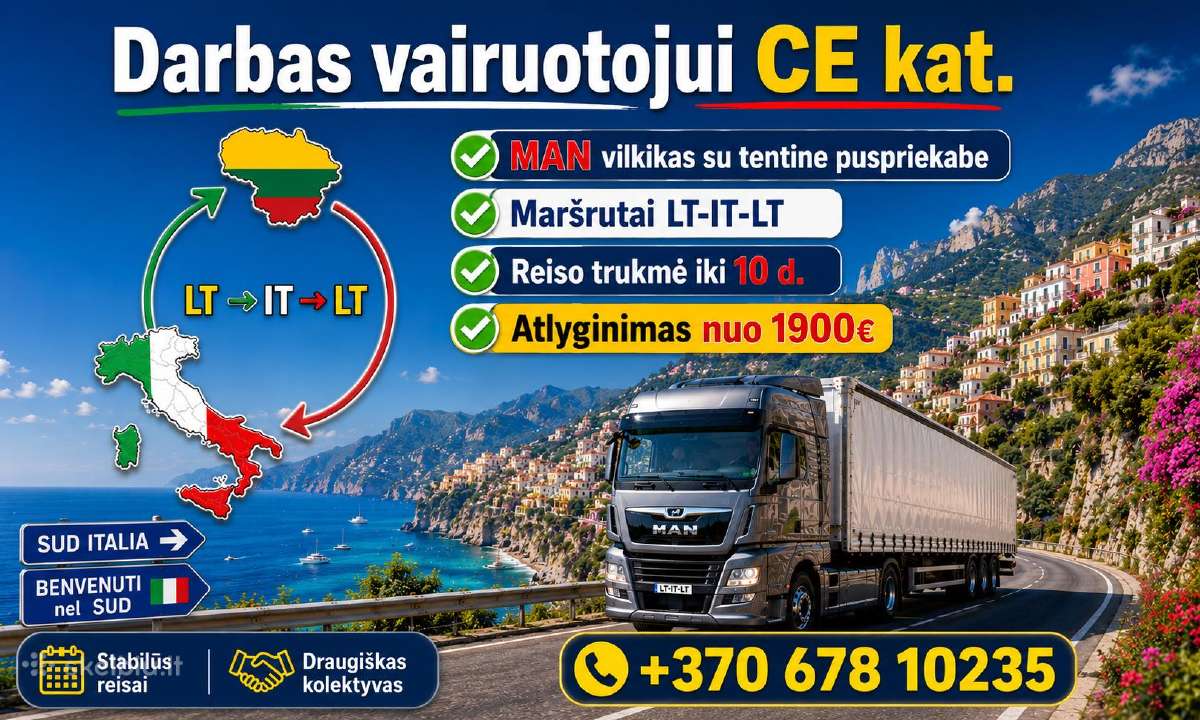Darbas vairuotojui CE kat. Lt - Pietu Italija - Lt