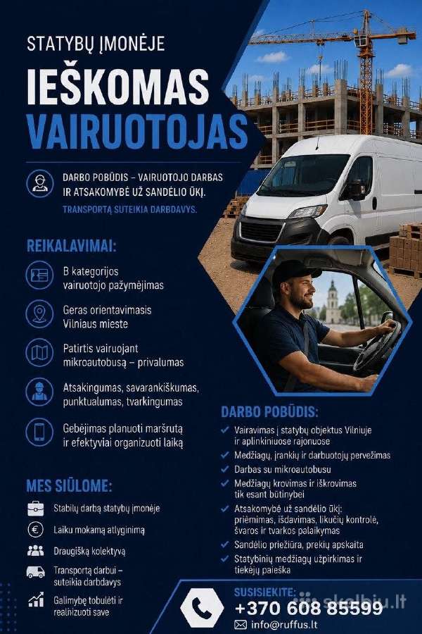 Statybų įmonėje ieškomas vairuotojas