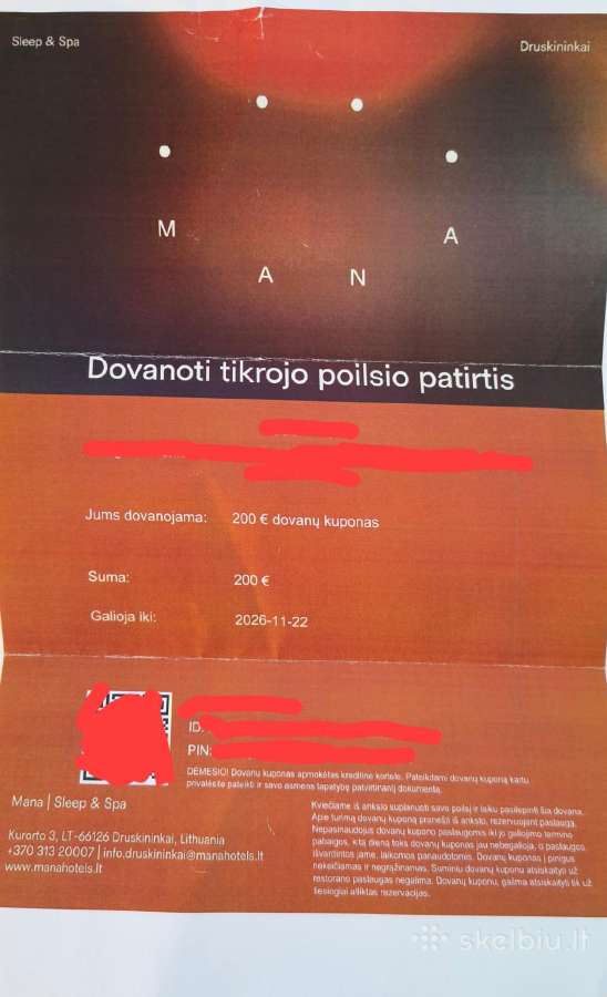 Dovanų kuponas Sleep&spa Mana Druskininkai