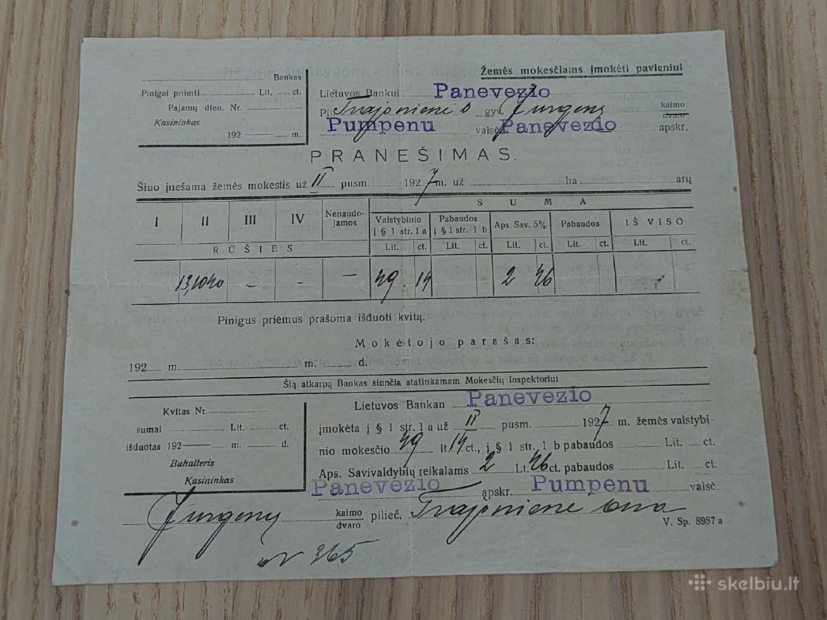 Žemės mokesčio pranešimas. 1927. Pumpėnų valsčius