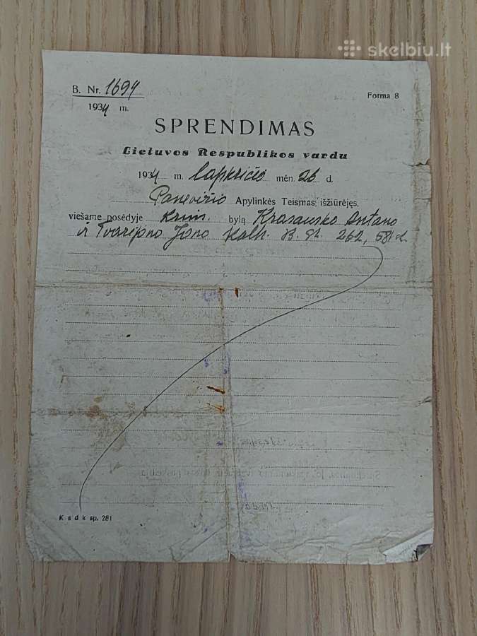 Panevėžio apylinkės teismo sprendimas. 1934