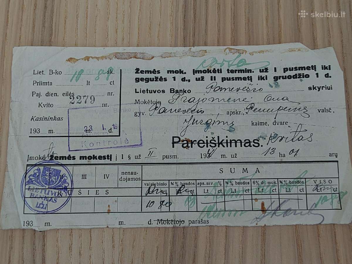 Pareiškimas. Lietuvos bankas. Žemės mokestis. 1941