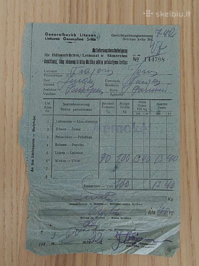 Sėklų pristatymo kvitas. 1943. Pumpėnų valsčius