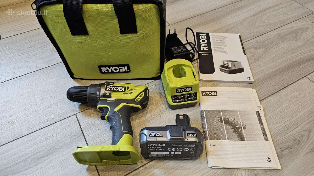 Suktuvas Ryobi R18dd3 + 2.0ah baterija + kroviklis