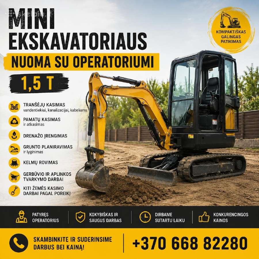 Mini Ekskavatoriaus Nuoma Su Operatoriumi – 1,5 T