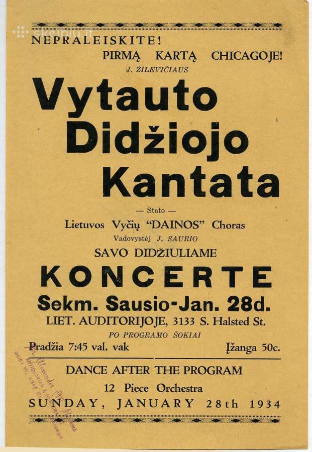 1934 afiša Vytauto Didžiojo kantata J. Žilevičius
