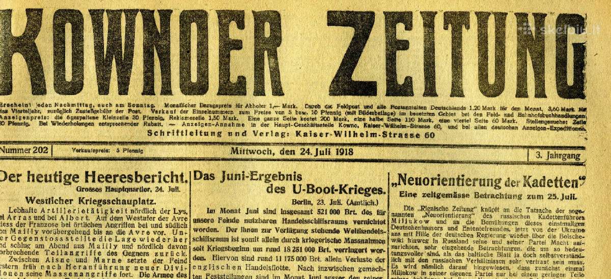 1918 Kauno laikraštis Kownoer Zeitung loterija