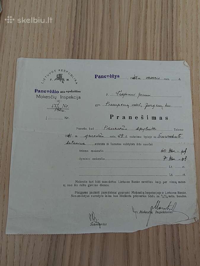 Mokesčių inspekcijos pranešimas. 1941. Panevėžys