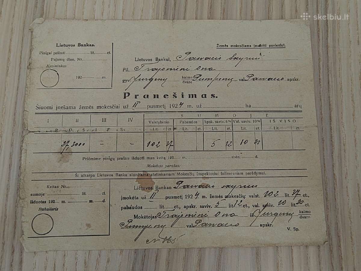 Žemės mokesčio pranešimas. 1924. Pumpėnų valsčius