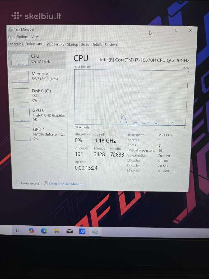 Asus Rog gaming laptop i7-10870h Rtx 2060 - nuotraukos Nr. 4