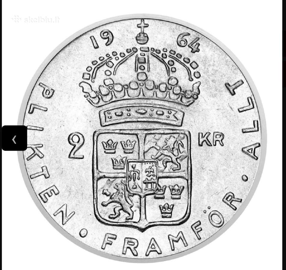 2 kronų Gustavo Vi (1952–1966) Švedijos sidabrinė - nuotraukos Nr. 2
