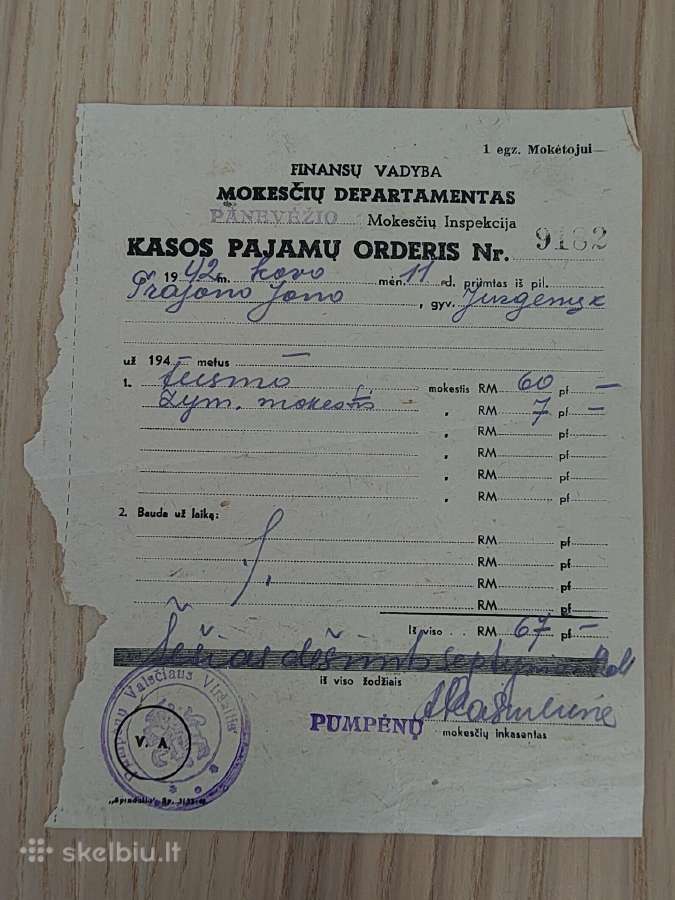 Kasos pajamų orderis. 1942. Finansų valdyba.