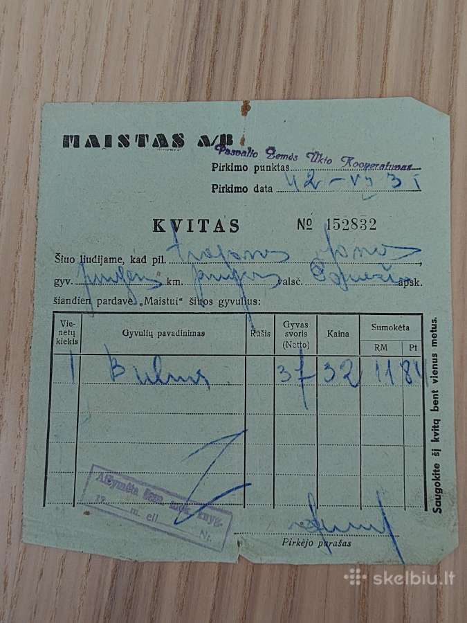 Ab "Maistas" kvitas. 1942. Bulvės