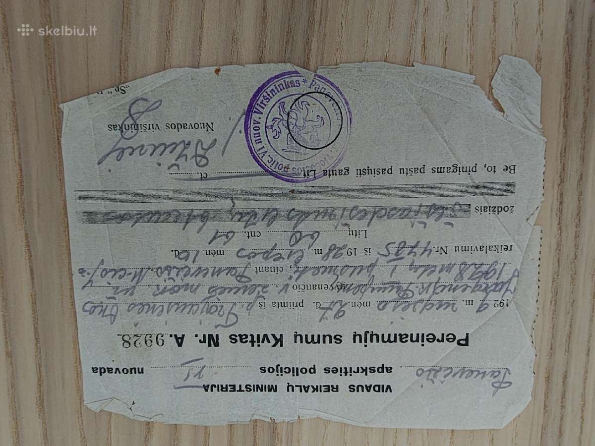 Pereinamų sumų kvitas. 1929. Panevėžio policija
