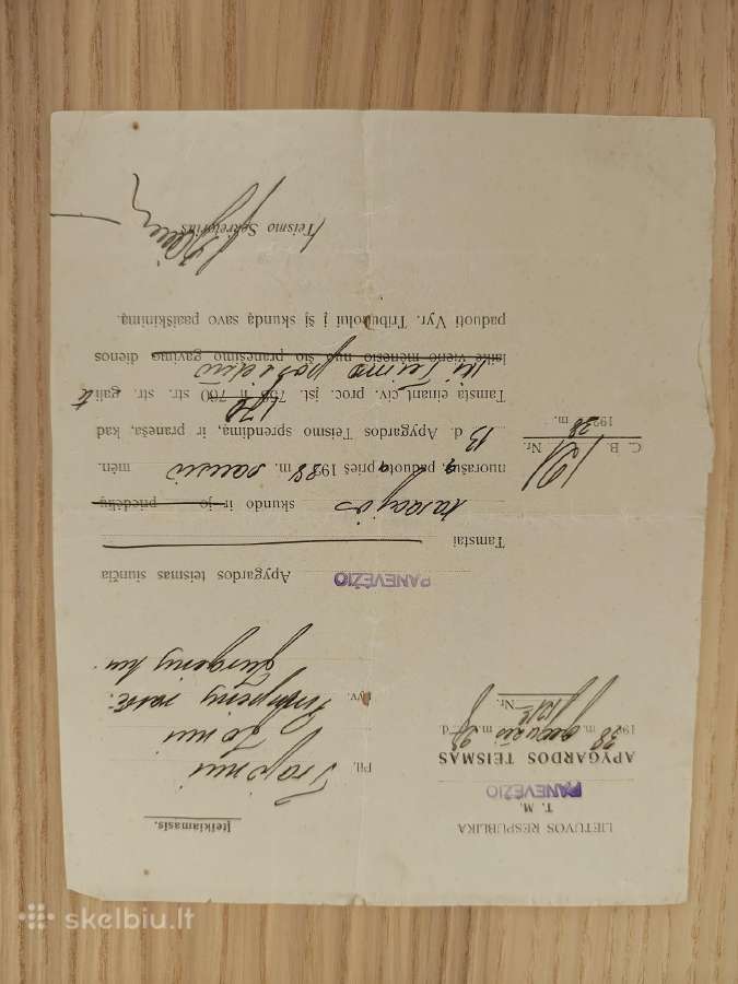 Panevėžio teismo kasacijos skundo nuorašas. 1938