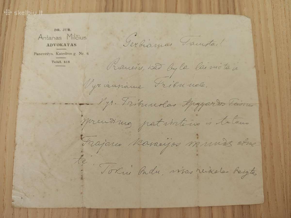 Laiškas. Advokatas Antanas Milčius. 1938 Panevėžys