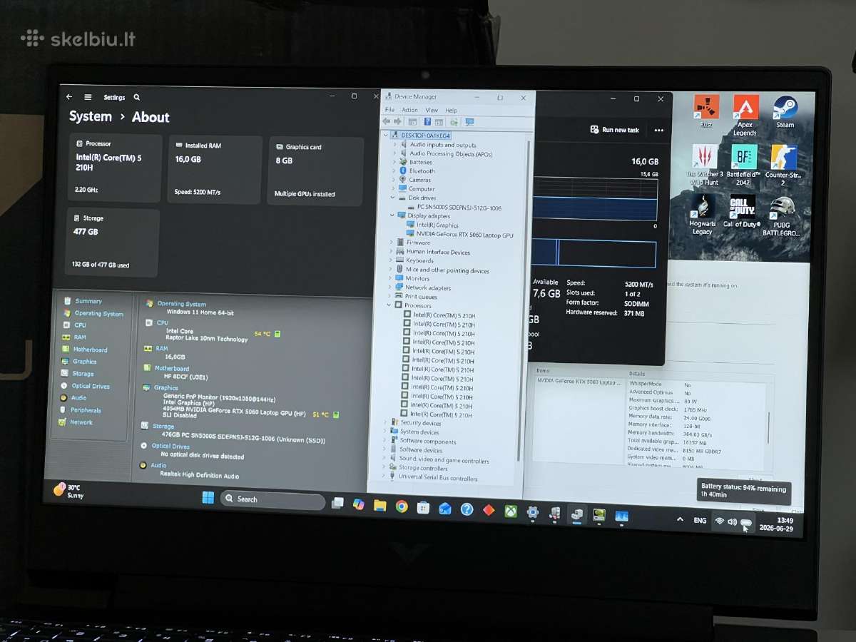 Parduodamas Hp Victus su Rtx 5060, Core 5, 144hz. - nuotraukos Nr. 8