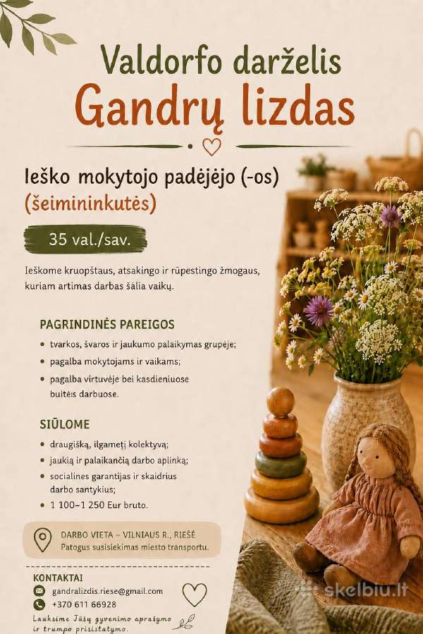 Auklėtojos Padėjėja vaikų darželis Riešėje