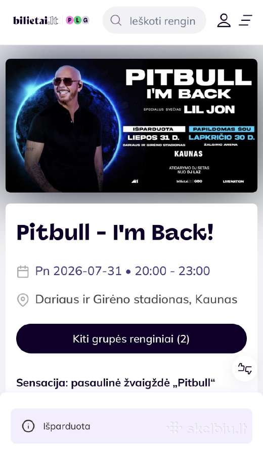 Bilietas į Pitbull fanų zoną