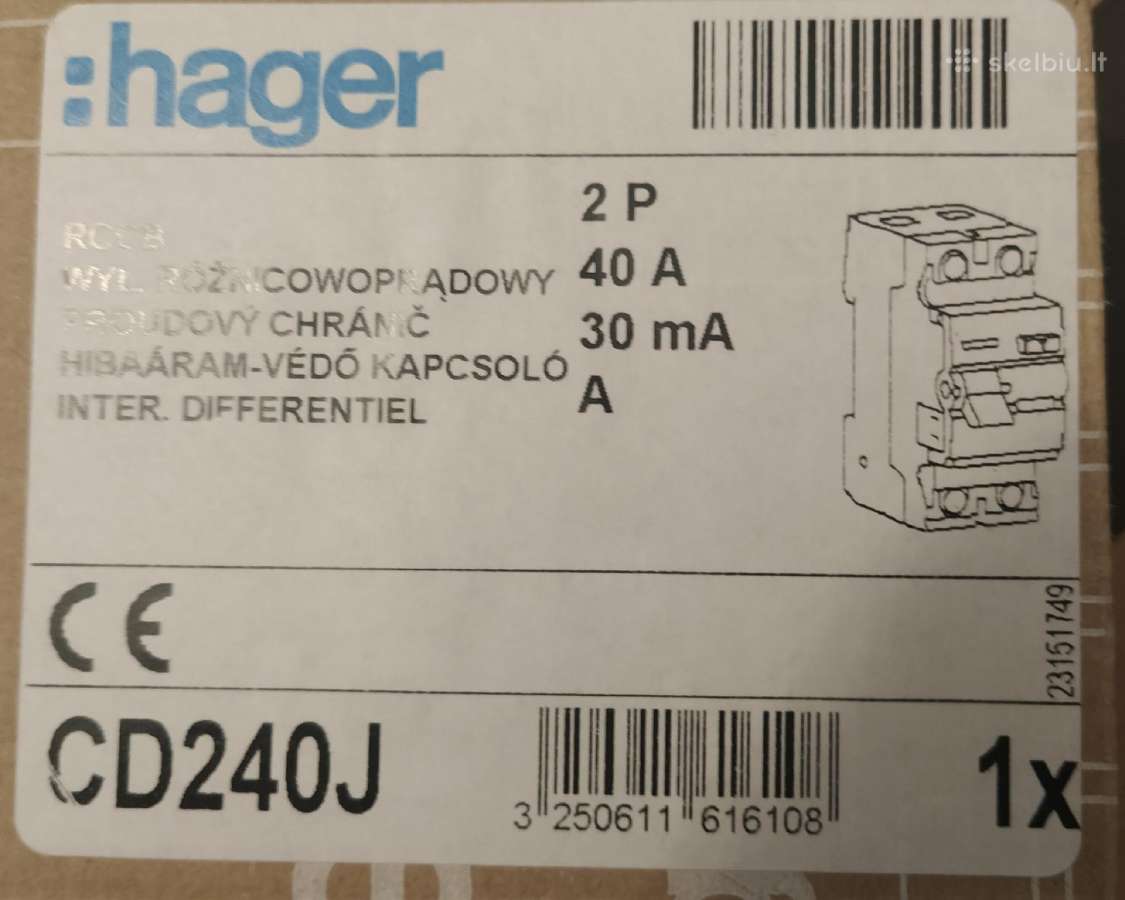 Srovės nuotekio relė 2p 40a 30ma Hager Cd240j - nuotraukos Nr. 2