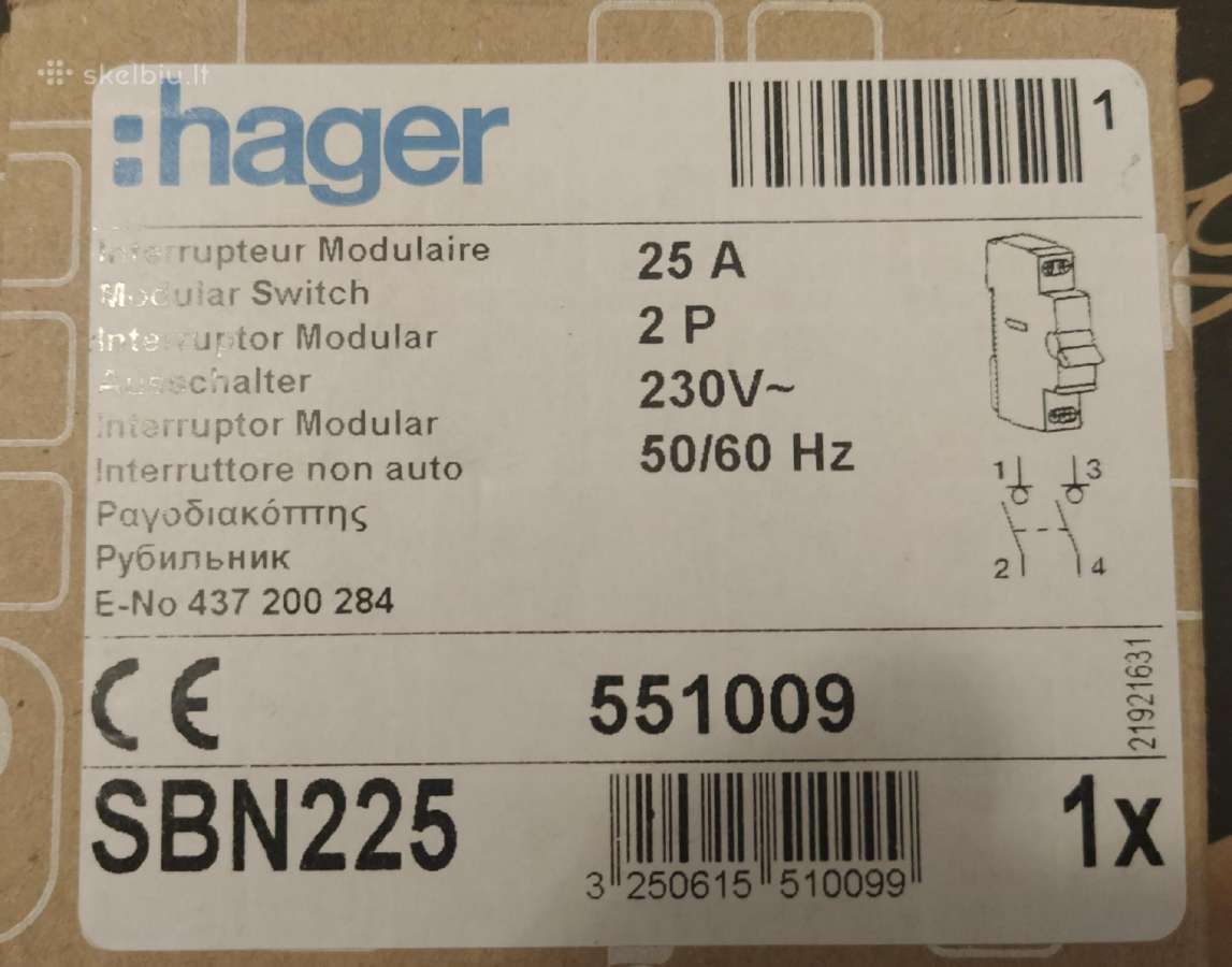 Sbn225 jungiklis 25a 2p 1mod. Hager - nuotraukos Nr. 2
