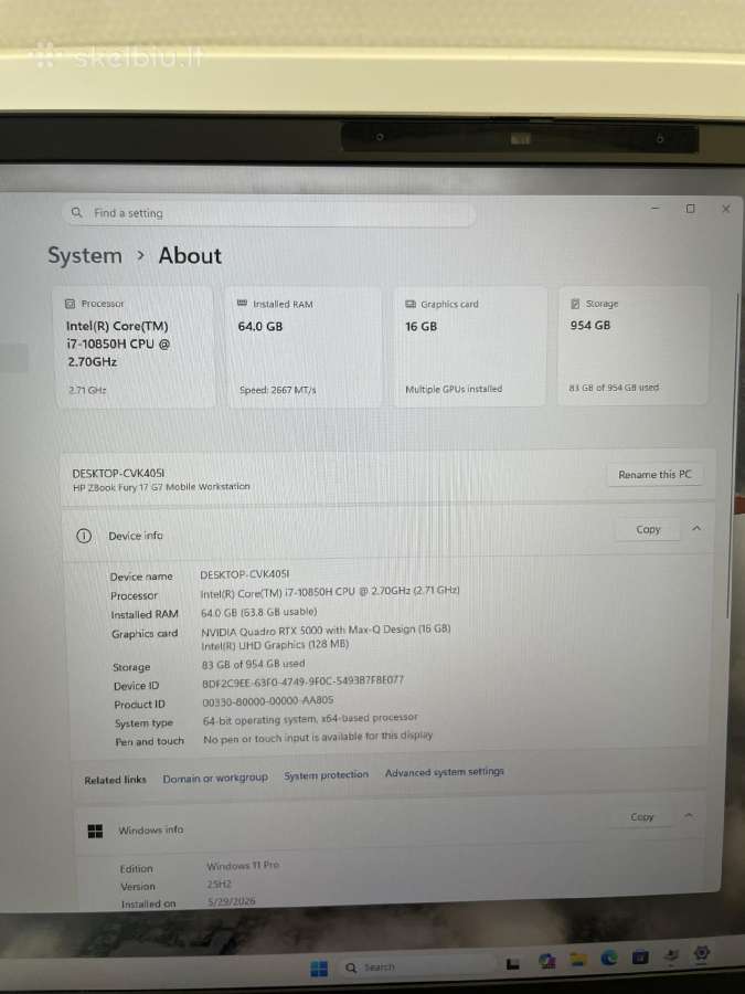 Hp Zbook Fury G7 i7-10850h 64gb RAM 1tb SSD - nuotraukos Nr. 7