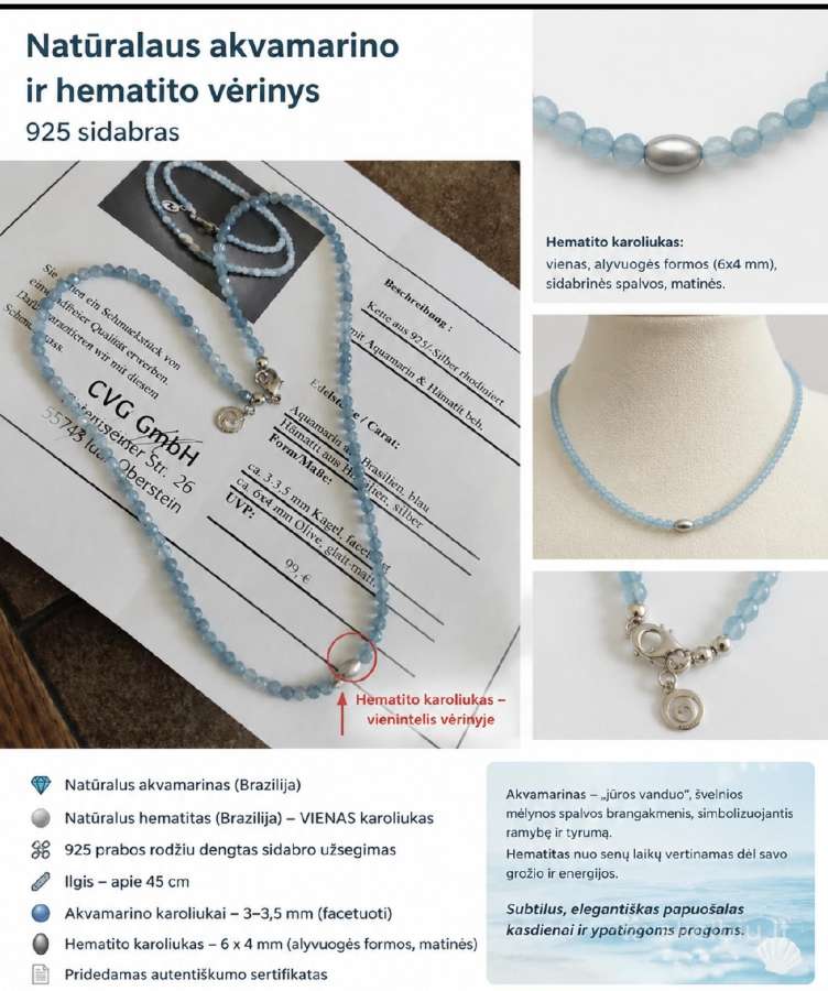 Akvamarinas. Fluorito ir abalono kriaukles vėrinys