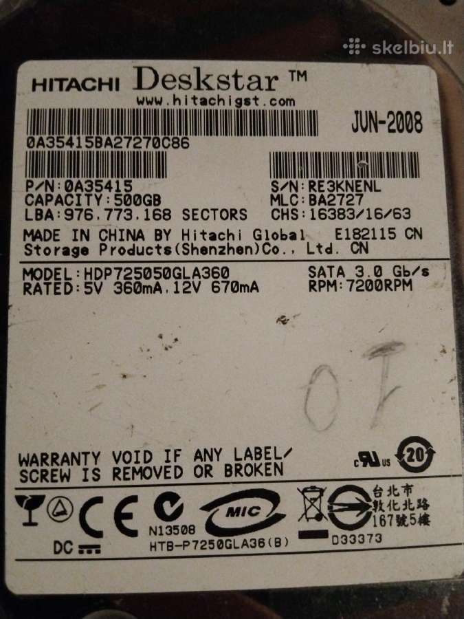HDD Hitachi Deskstar diskas 500gb