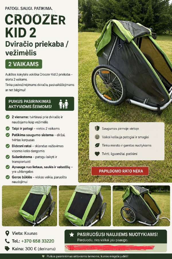 Dviračio priekabėlė 2 vaikams vežtis