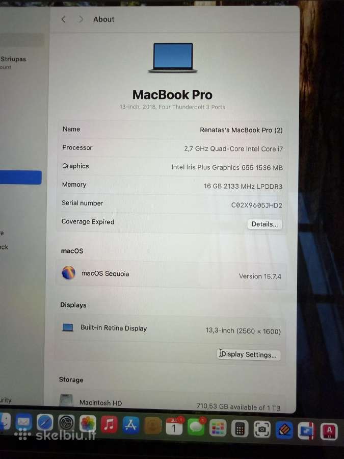 Parduodamas MacBook Pro 13" 2018m Touch Bar meniu - nuotraukos Nr. 5