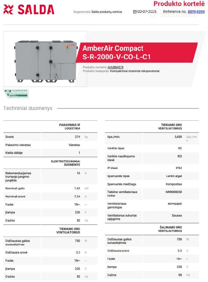 Vėdinimo įrenginys Amberair Compact S-r-2000-v