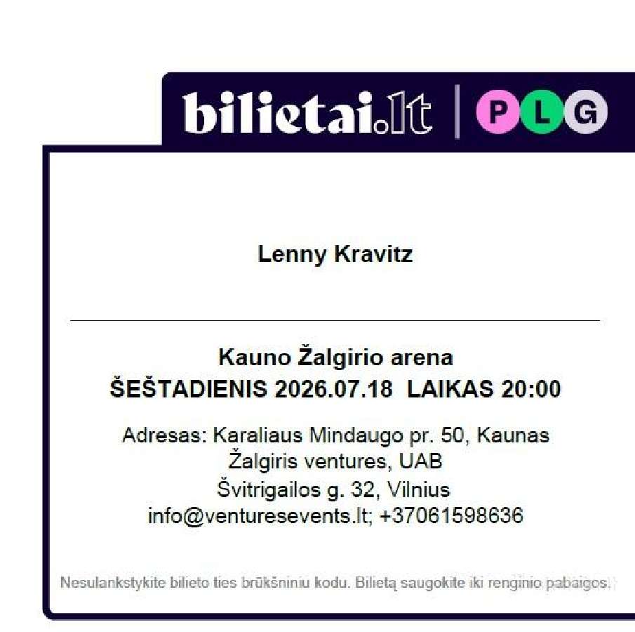 Parduodu bilietą į Lenny Kravitz koncertą Kaune