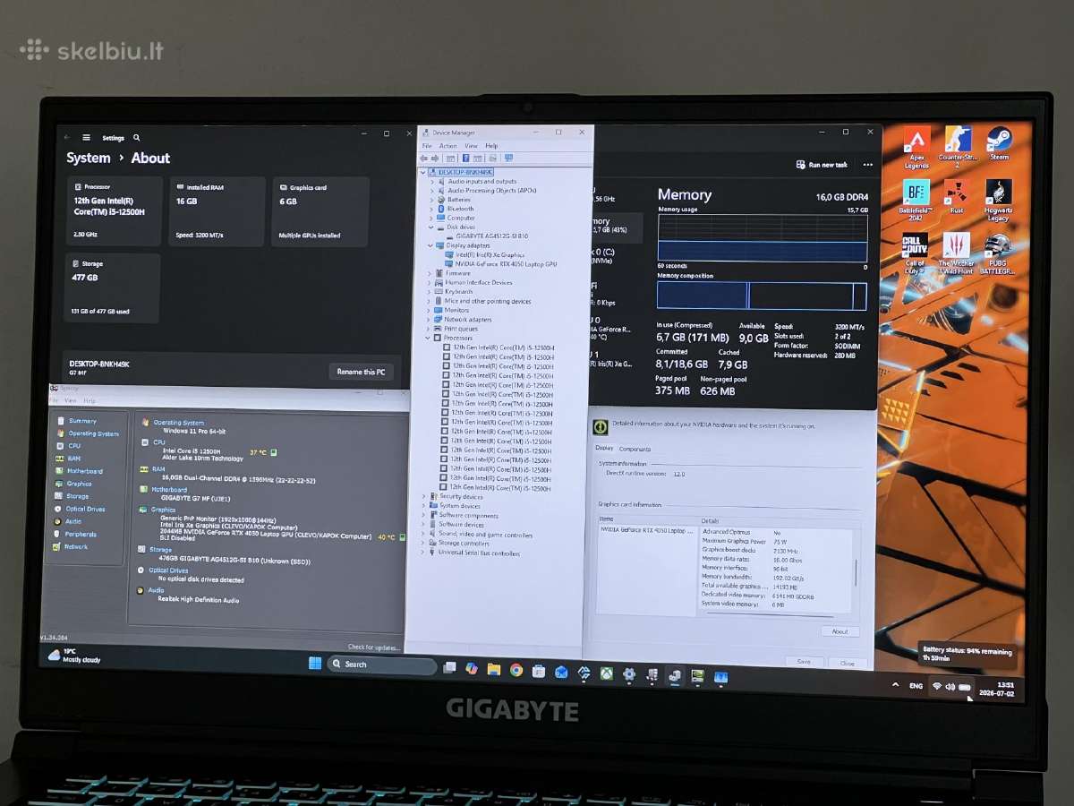 Parduodamas Gigabyte G7 su Rtx 4050, I5-12k, 144hz - nuotraukos Nr. 7