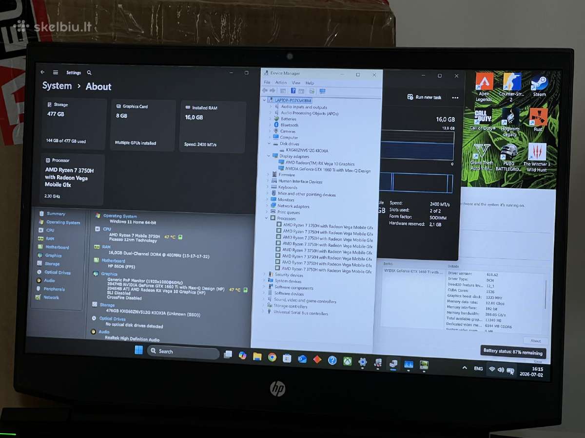 Parduodamas Hp Pavilion su Gtx 1660ti, Ryzen 7. - nuotraukos Nr. 8