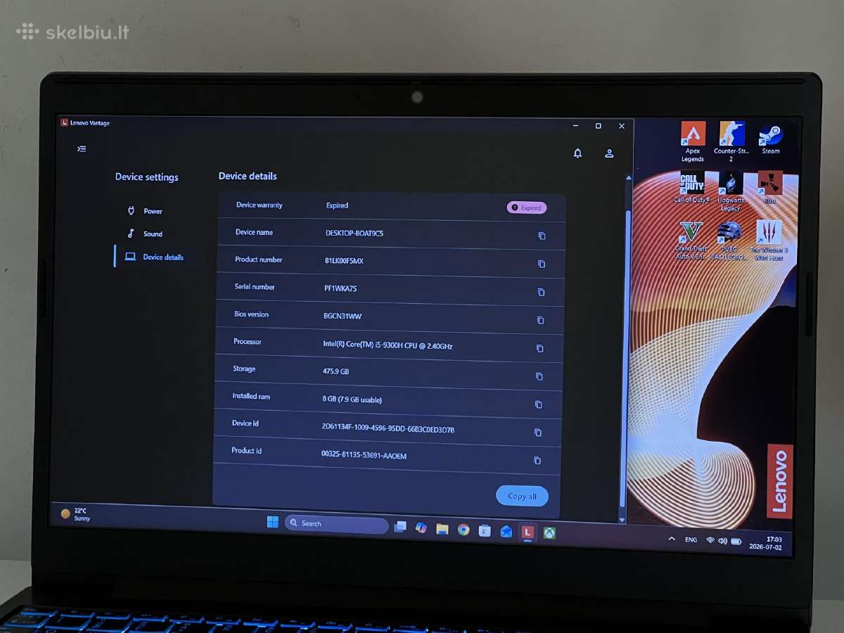 Parduodamas Lenovo L340 su Gtx 1050 3gb, I5-9k. - nuotraukos Nr. 9