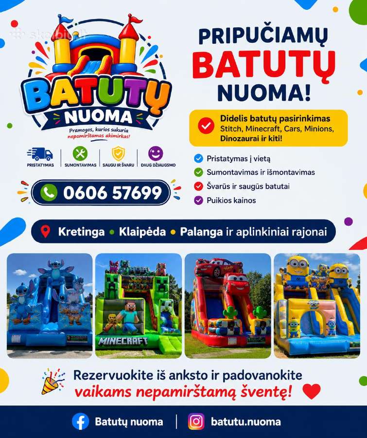 * Pripučiamų batutų nuoma vaikų šventėms