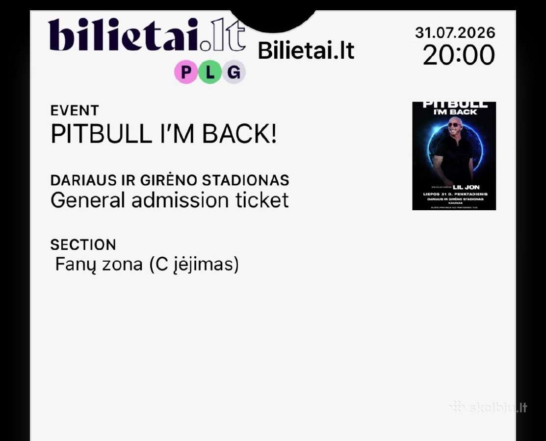 Pitbull - I'm Back!' 07.31 stovimas bilietas