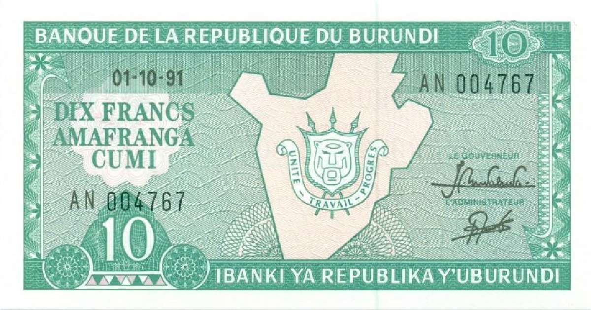 Burundi 10 francs amafranga 1991. Unc. P - nuotraukos Nr. 2