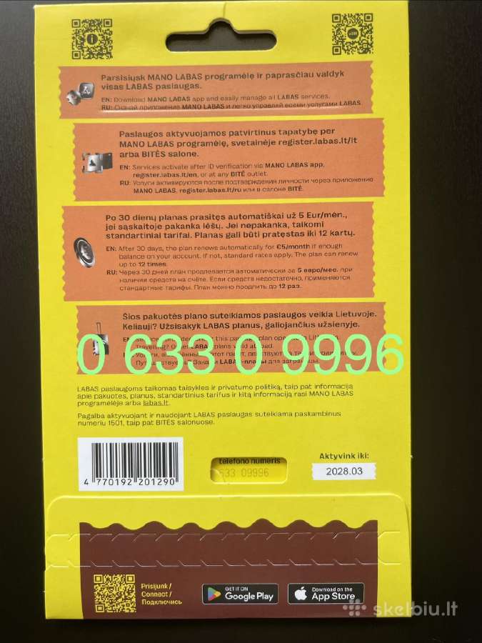 6 33 0 999 6 numeris verslui, asmeniam prestižui