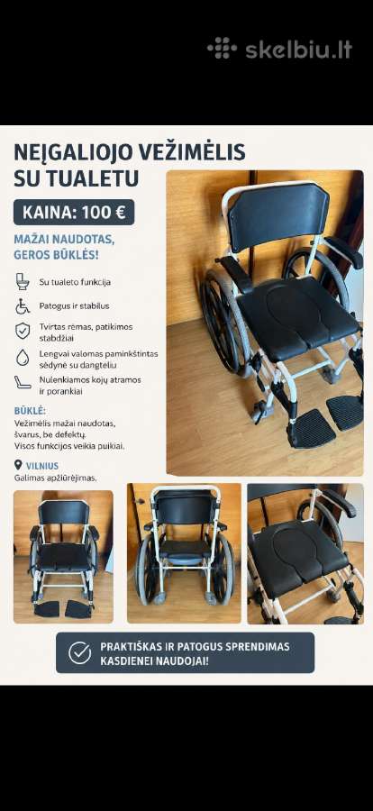 Neįgaliojo vežimėlis su integruotu tualeto funkcio