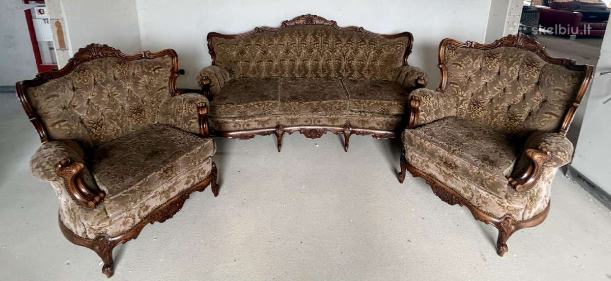 Klasikinio stiliaus komplektas sofa ir 2 foteliai