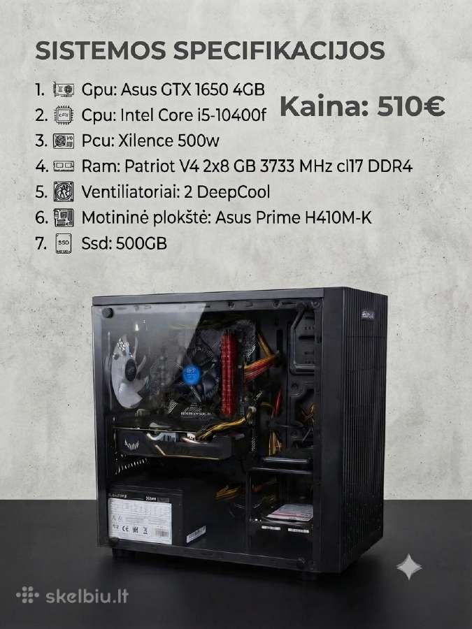Žaidimų kompiuteris su Gtx1650, i5 10400f,16gb RAM
