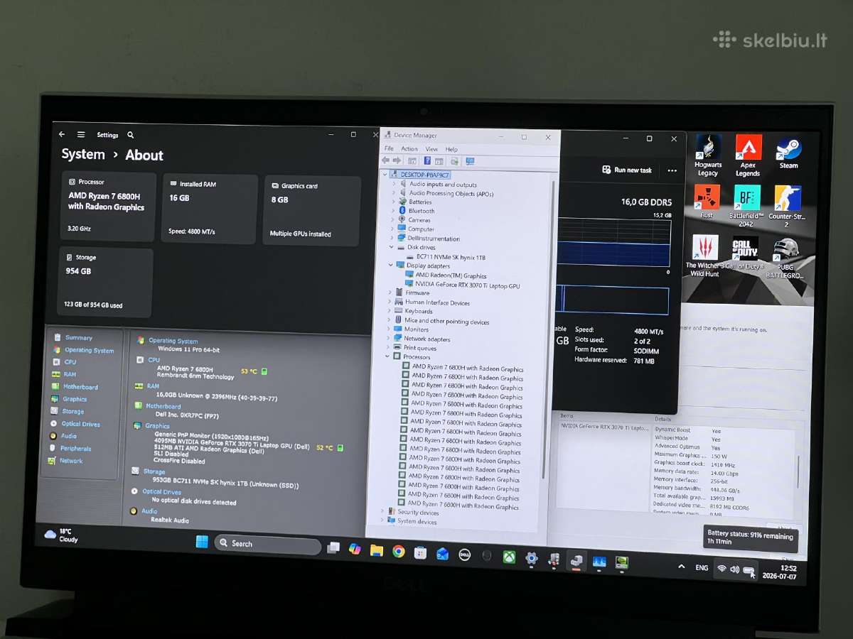 Parduodamas Dell G15 su Rtx 3070ti, Ryzen 7, 1tb. - nuotraukos Nr. 8