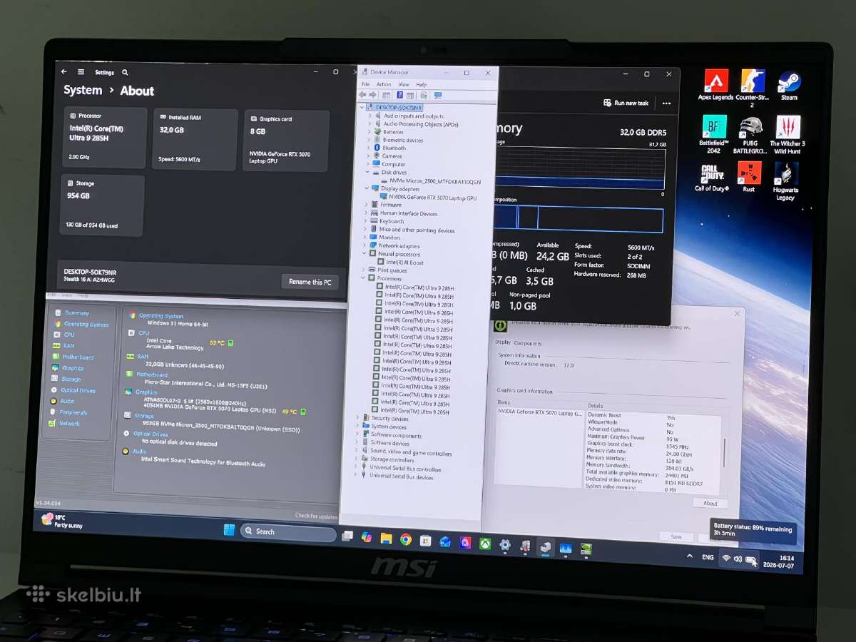 Parduodamas Msi Stealth su Rtx 5070, Ultra 9, Oled - nuotraukos Nr. 8