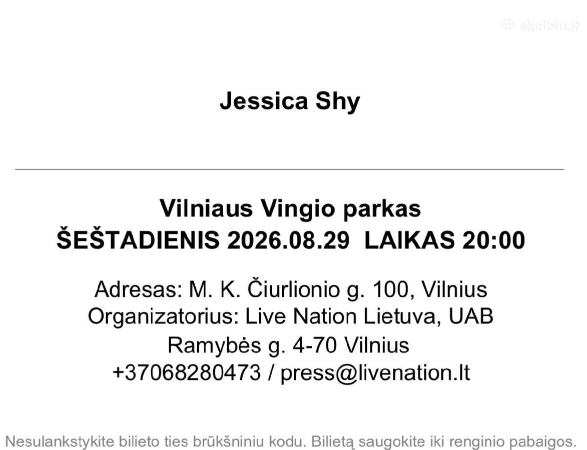 4 bilietai į Jessica Shy 08.29