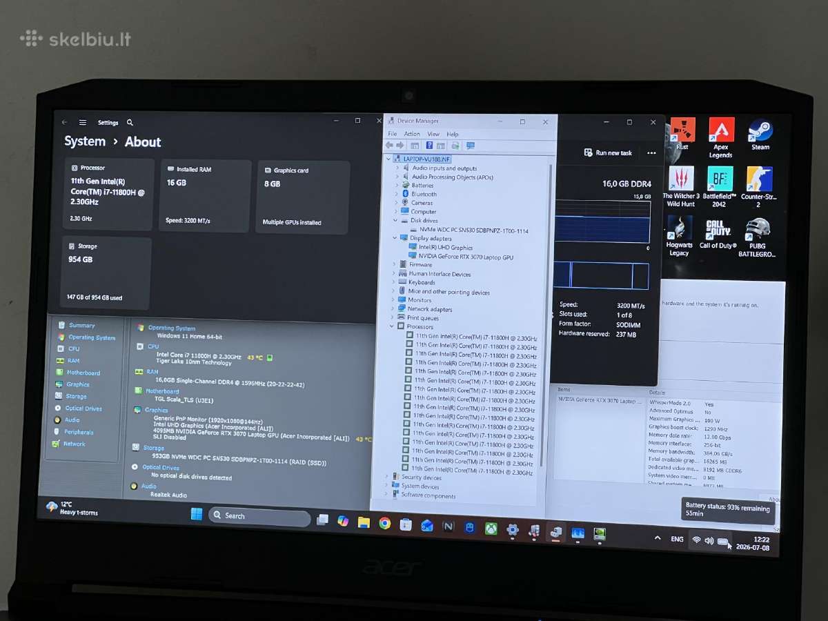 Parduodamas Acer Nitro su Rtx 3070, I7-11k, 1tb. - nuotraukos Nr. 8