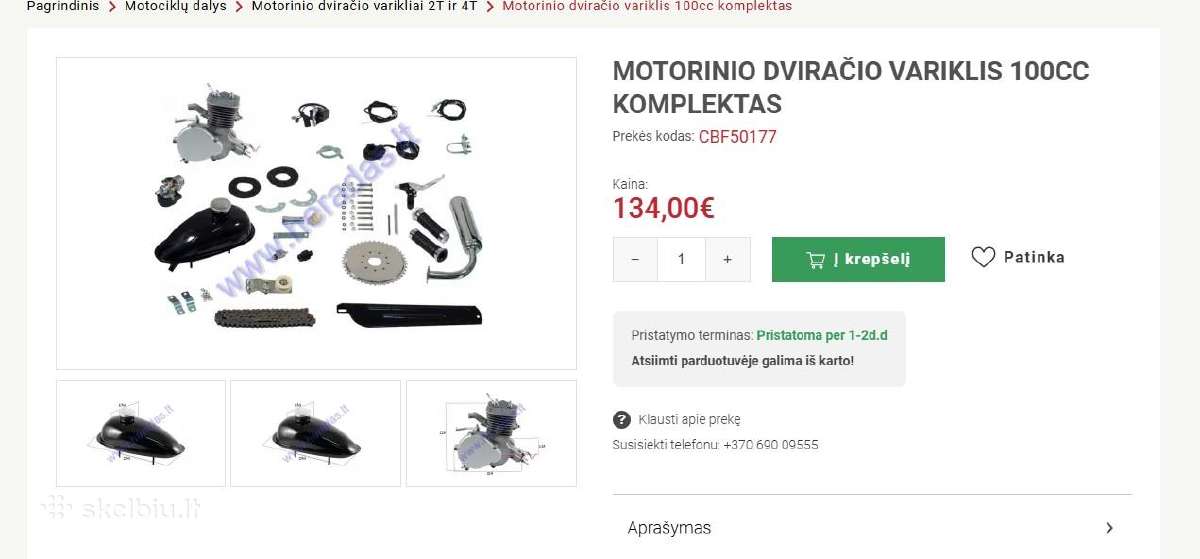 Motorinio dviračio komplektas 100cc dviejų žvakių - nuotraukos Nr. 2