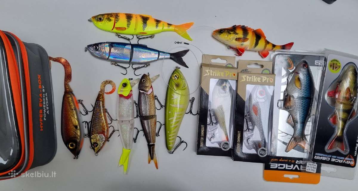 (Savage Gear, Abu Garcia, Shimano) + Atora krepšys
