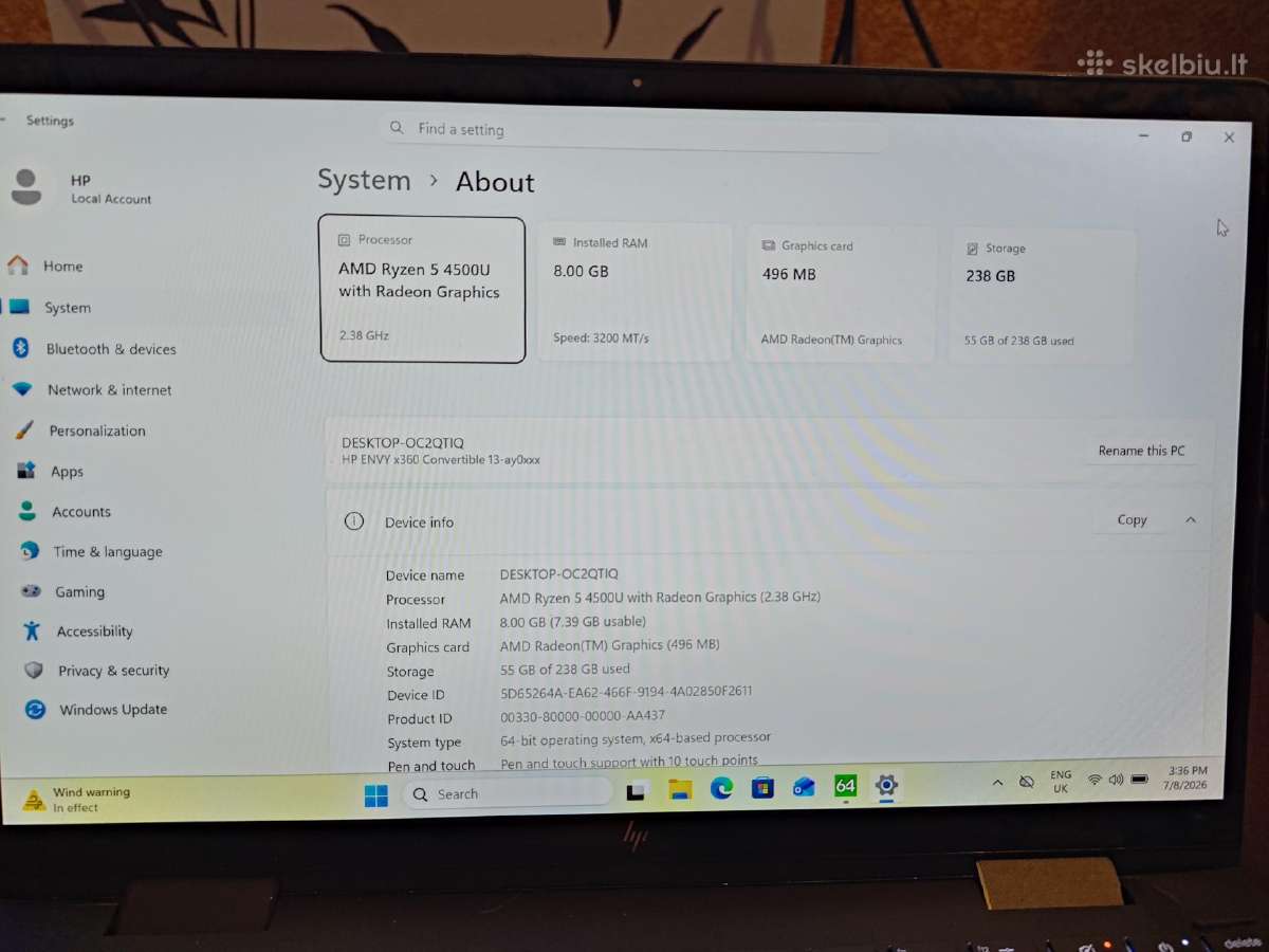 Hp Envy x360 13-ay (Ryzen 5 4500u / 8gb / 256gb) - nuotraukos Nr. 3