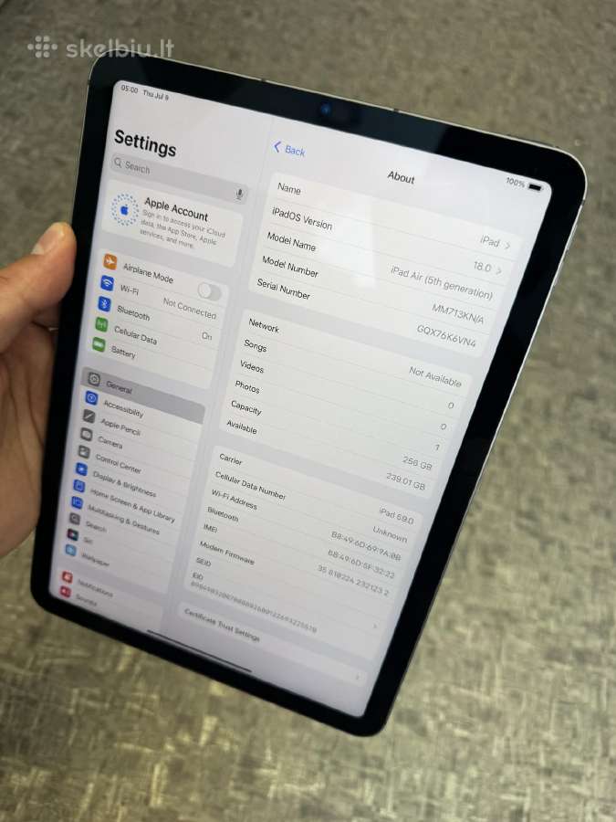 iPad Air 5 256gb Wi-fi + Cellular M1 100% Bat - nuotraukos Nr. 3